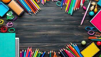 school- benodigdheden Aan zwart houten tafel. terug naar school- concept. top visie. ai gegenereerd. foto