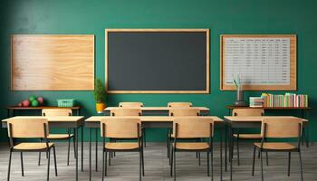 interieur van modern school- klas met groen schoolbord. onderwijs concept. ai gegenereerd. foto