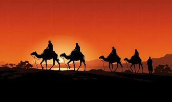 drie wijs mannen Aan kamelen in de woestijn. vector illustratie. ai gegenereerd. foto