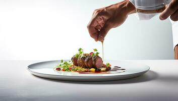 chef-kok hand- garnering een rundvlees steak met groenten Aan een wit bord. ai gegenereerd. foto