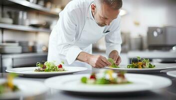 chef voorbereidingen treffen voedsel in de keuken van een modern hotel of restaurant. ai gegenereerd. foto