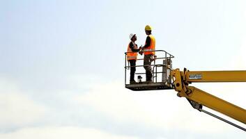 twee bouw arbeiders werken Aan een bouw plaats met blauw lucht achtergrond. ai gegenereerd. foto