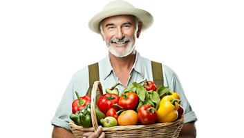 gelukkig senior Mens Holding een mand vol van vers groenten geïsoleerd Aan wit achtergrond. ai gegenereerd. foto
