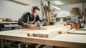 timmerman werken Aan zijn ambacht in een timmerwerk werkplaats. ai gegenereerd. foto