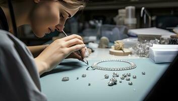 juwelier werken in haar werkplaats, maken sieraden armbanden. ai gegenereerd. foto