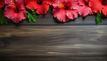 hibiscus bloemen Aan houten achtergrond. top visie met kopiëren ruimte. ai gegenereerd. foto
