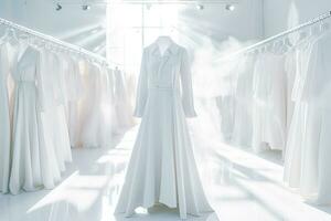bruiloft jurk Aan een hanger in een wit kamer. ai gegenereerd. foto
