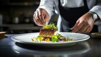 chef decoreren vis met vers groenten Aan wit bord in restaurant keuken. ai gegenereerd. foto