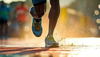 loper atleet rennen Aan stad weg. vrouw geschiktheid jogging training welzijn concept. ai gegenereerd. foto