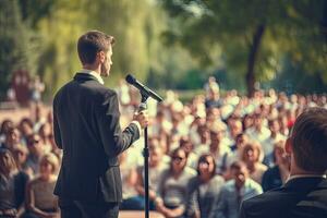 achterzijde visie van een zakenman sprekend Bij een conferentie in de park. ai gegenereerd. foto