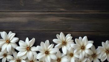 wit bloemen Aan houten achtergrond. top visie. ruimte voor tekst. ai gegenereerd. foto