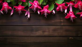fuchsia bloemen Aan houten achtergrond. top visie met kopiëren ruimte. ai gegenereerd. foto