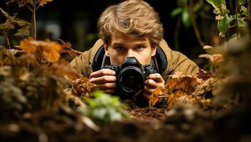 jong jongen met een camera in de herfst Woud. ai gegenereerd. foto