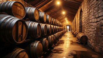 wijn vaten in de kelder van de wijnmakerij. wijn productie. ai gegenereerd. foto