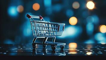 boodschappen doen kar met bokeh achtergrond. e-commerce concept. ai gegenereerd. foto