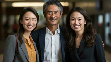portret van glimlachen Aziatisch bedrijf team staand samen Bij kantoor lobby. ai gegenereerd. foto