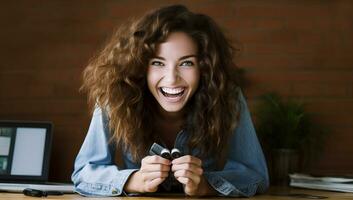 portret van gelukkig jong vrouw Holding credit kaart en op zoek Bij camera. ai gegenereerd. foto