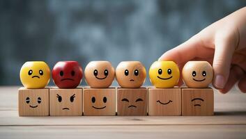 concept van klant onderhoud evaluatie en feedback. houten kubussen met smiley gezichten. ai gegenereerd. foto