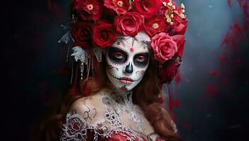 mooi meisje met suiker schedel bedenken en rood bloemen in haar haar. ai gegenereerd. foto