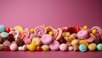 verscheidenheid van snoepjes Aan roze achtergrond. top visie met kopiëren ruimte. ai gegenereerd. foto