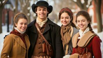 portret van een groep van vrienden in winter kleren Aan de straat. ai gegenereerd. foto