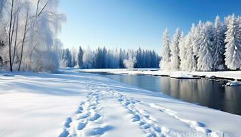 winter landschap met sneeuw gedekt bomen en rivier. panoramisch visie. ai gegenereerd. foto