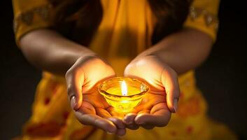 dichtbij omhoog van vrouw handen Holding diwali diya of olie lamp. ai gegenereerd. foto