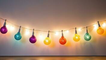 kleurrijk Kerstmis licht bollen slinger Aan een wit muur achtergrond. ai gegenereerd. foto