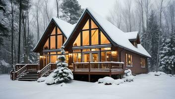 mooi houten huis in de Woud Aan een besneeuwd winter dag. ai gegenereerd. foto