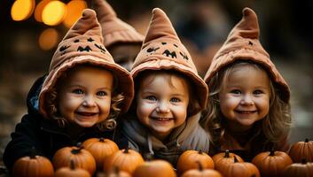 aanbiddelijk weinig meisjes in halloween kostuums met pompoenen buitenshuis. ai gegenereerd. foto