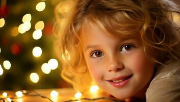 portret van een schattig weinig meisje Aan de achtergrond van de Kerstmis boom. ai gegenereerd. foto