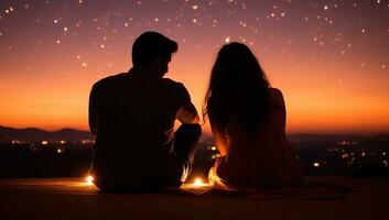 silhouet van een liefhebbend paar zittend Bij de tafel in voorkant van een brandend vreugdevuur. ai gegenereerd. foto