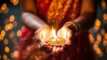 Indisch vrouw Holding diwali diya of olie lamp in haar handen. ai gegenereerd. foto