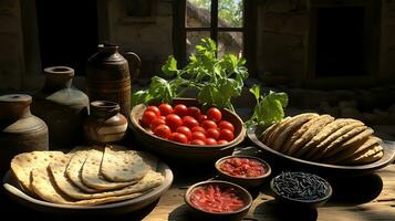 een schotel van kaas, tomaten, en brood ai generatief foto