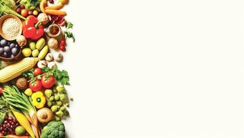 wit achtergrond met een kader van groenten en vruchten. ai gegenereerd foto