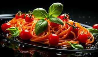 spaghetti met tomaat saus en basilicum. ai gegenereerd foto