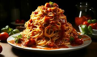 spaghetti met tomaat saus en basilicum. ai gegenereerd foto