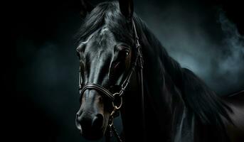 majestueus detailopname van een zwart paard. ai gegenereerd foto