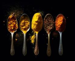 voedsel specerijen in levendig kleuren in lepels Aan een houten tafel. ai gegenereerd foto