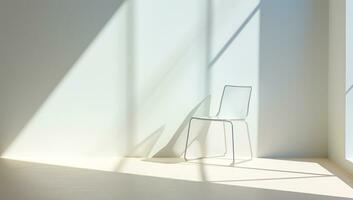wit kamer met enkel en alleen een stoel en venster licht geprojecteerd Aan de muur, in een minimalistische concept. ai gegenereerd foto