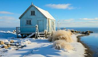 minimalistische winter landschap door de water, met een houten cabine. ai gegenereerd foto