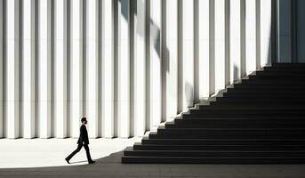 gebouw facade perspectief met groots trappenhuis en geprojecteerd licht en schaduwen. ai gegenereerd foto