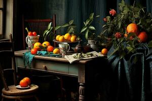 illustratie nog steeds leven met fruit Aan houten tafel, rustiek keuken, in dramatisch tonen. ai generator foto