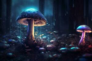 levendig illustratie van iriserend paddestoelen, in de Woud Bij nacht, gemaakt door ai generator foto