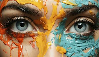 detailopname van een gefingeerd vrouw gezicht geschilderd met verf van divers kleuren. ai gegenereerd foto