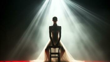 silhouet van een ballerina poseren Aan een stoel, tegen licht, in een mystiek omgeving. ai gegenereerd foto