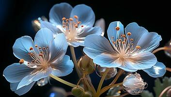 detailopname van blauw geraniums Aan donker achtergrond. ai gegenereerd foto