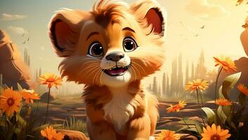 schattig tekenfilm van een baby leeuw voor illustraties voor kinderen. ai generator foto