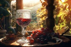 glas van rood wijn met een Liaan in de achtergrond foto