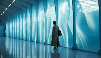 zakenvrouw wandelen in de tunnel. ai gegenereerd foto